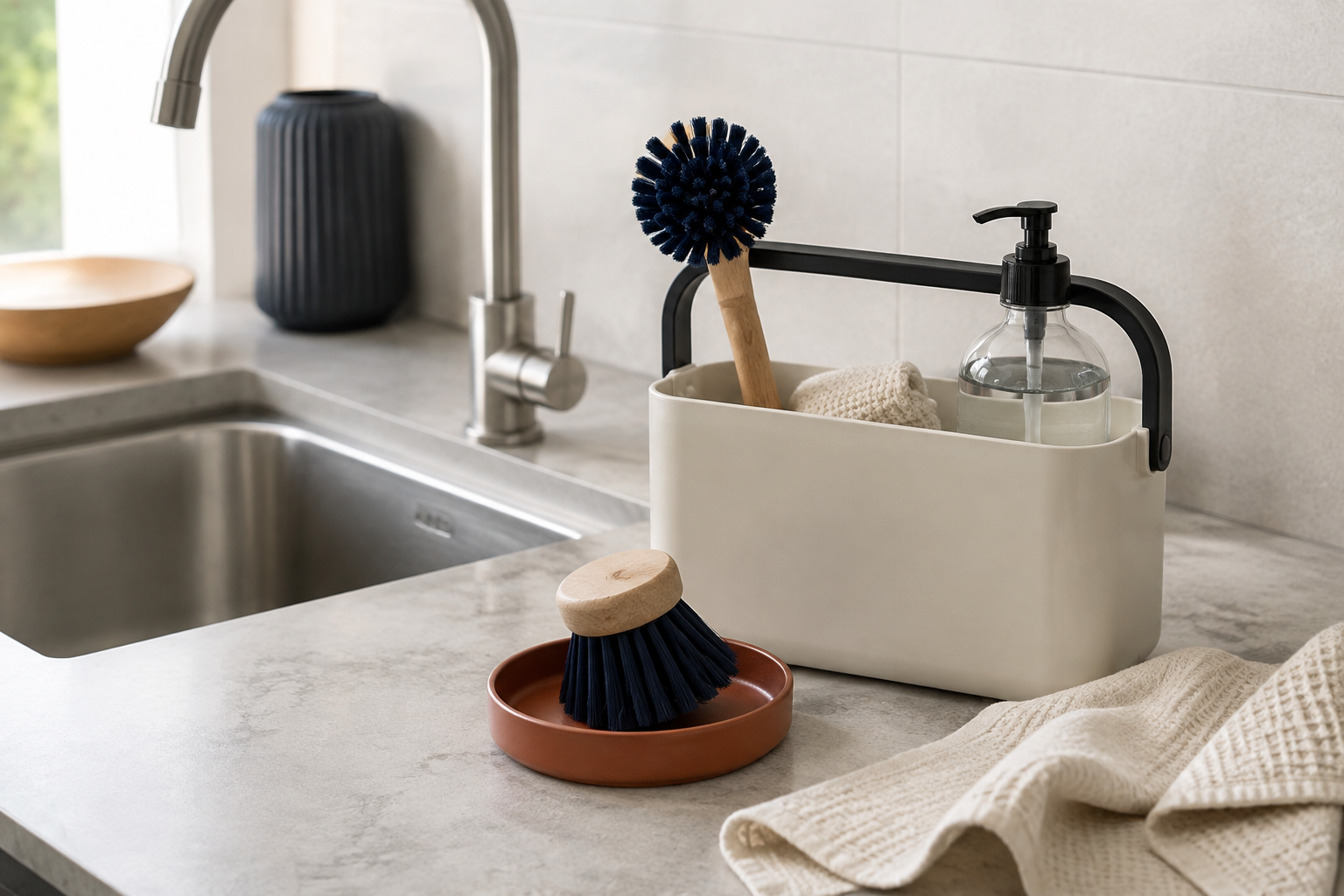 Cream cleaning caddy with navy dish brushes and terracotta soap dish beside a kitchen sink
