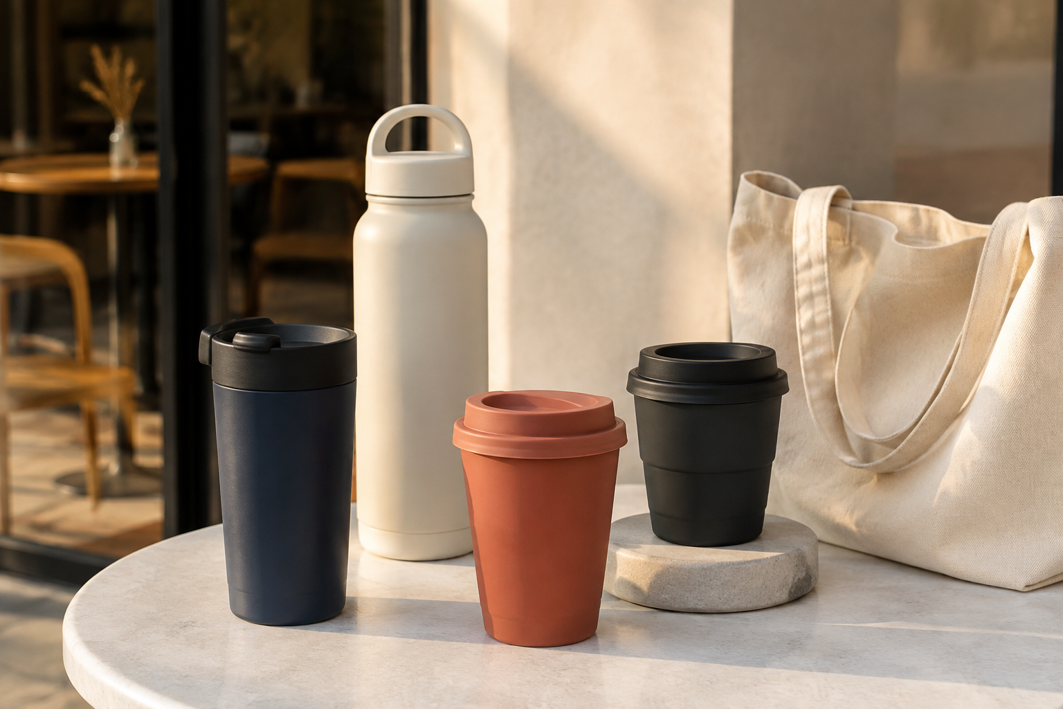 Reusable navy, terracotta, cream and graphite travel drinkware with a canvas tote