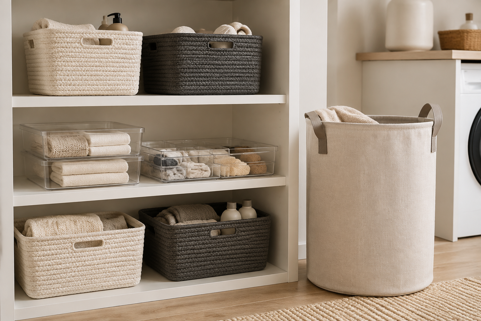 Ivory baskets, clear organisers and an oatmeal laundry hamper in a bright utility room
