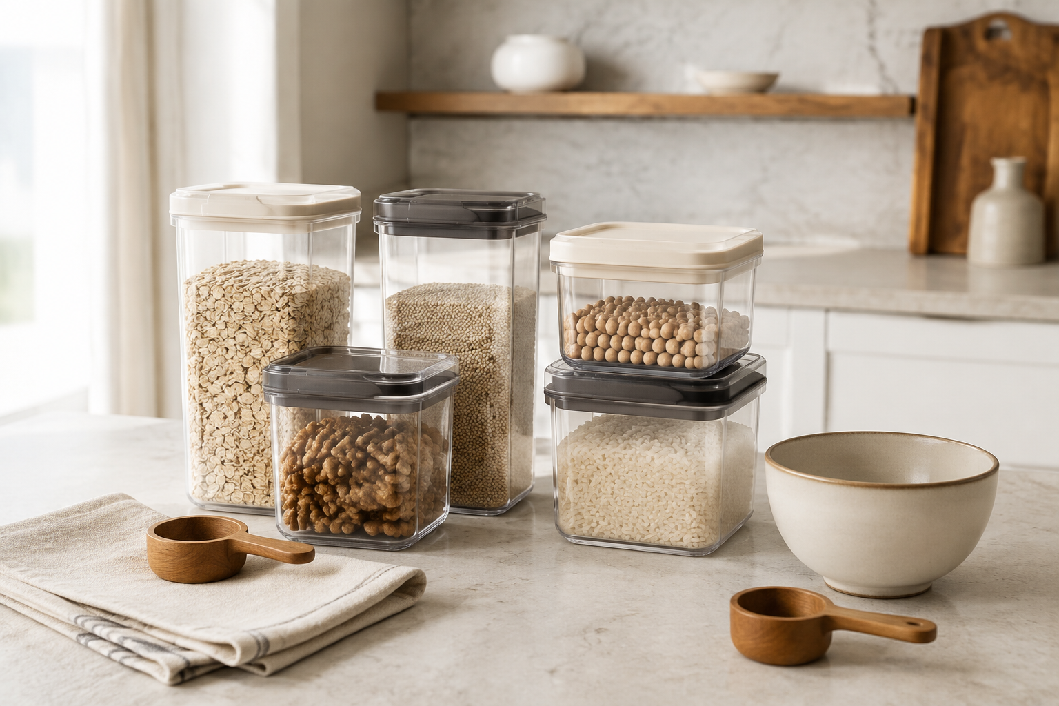 Clear modular pantry containers with cream and smoke-grey lids on a modern kitchen counter