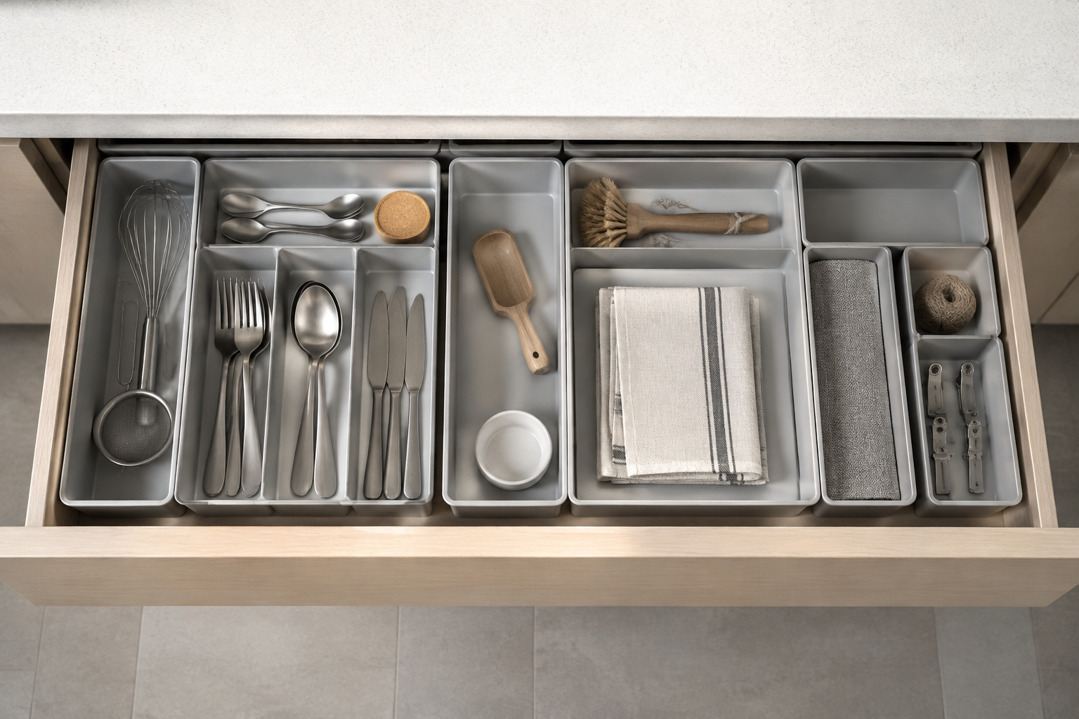 Nesting drawer organizers arranged by size