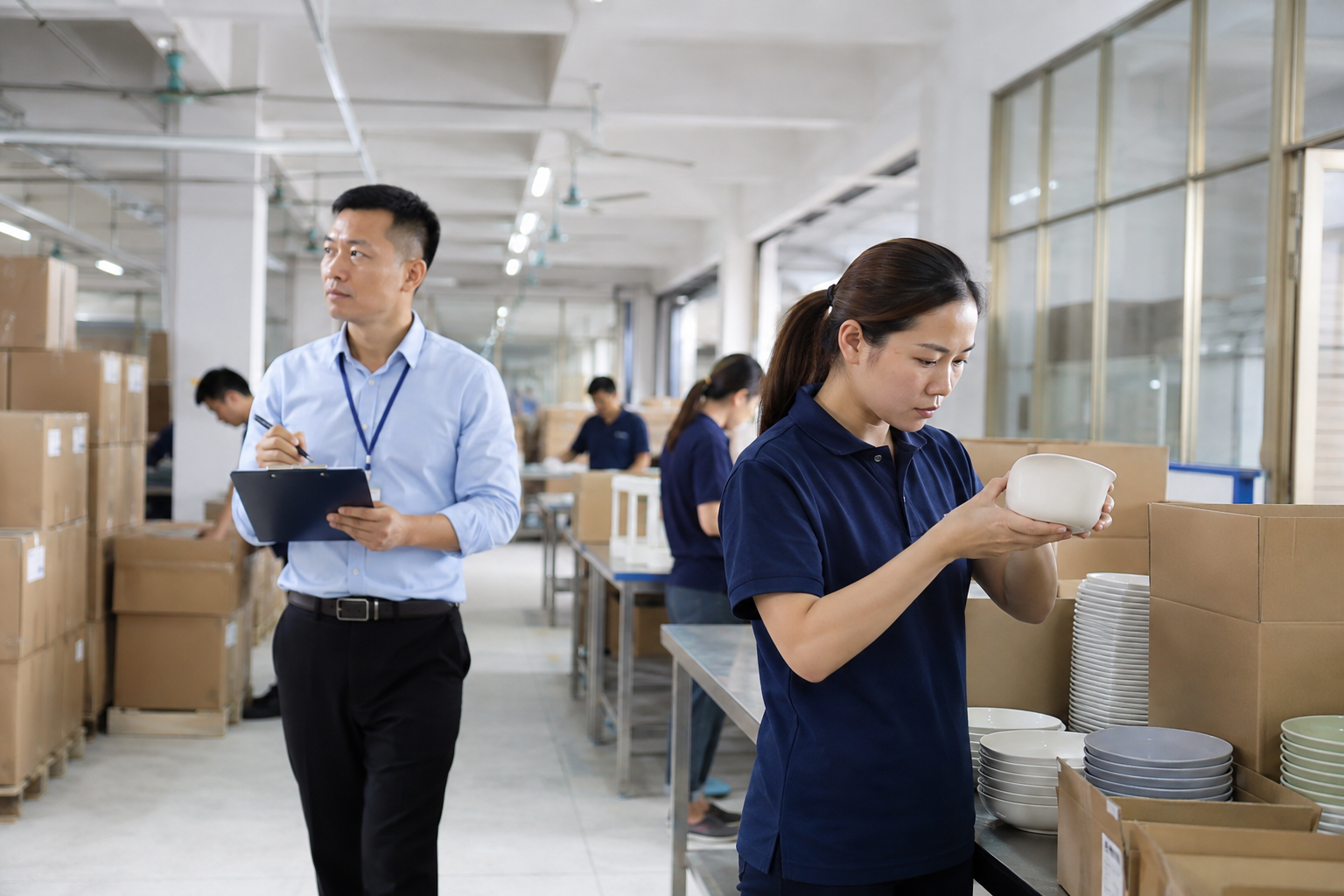 Asian quality team reviewing homeware factory operations