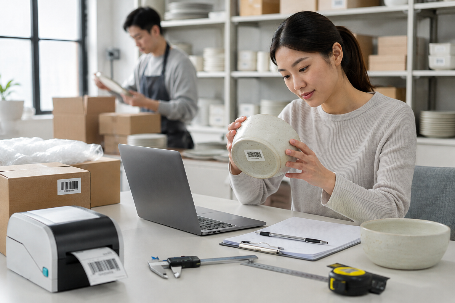 Retail product data and barcode placement being checked on homeware packaging