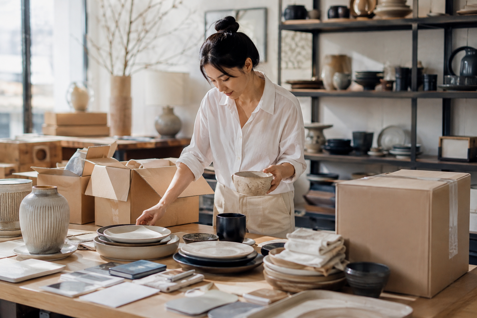 Asian coordinator preparing a homeware retail launch