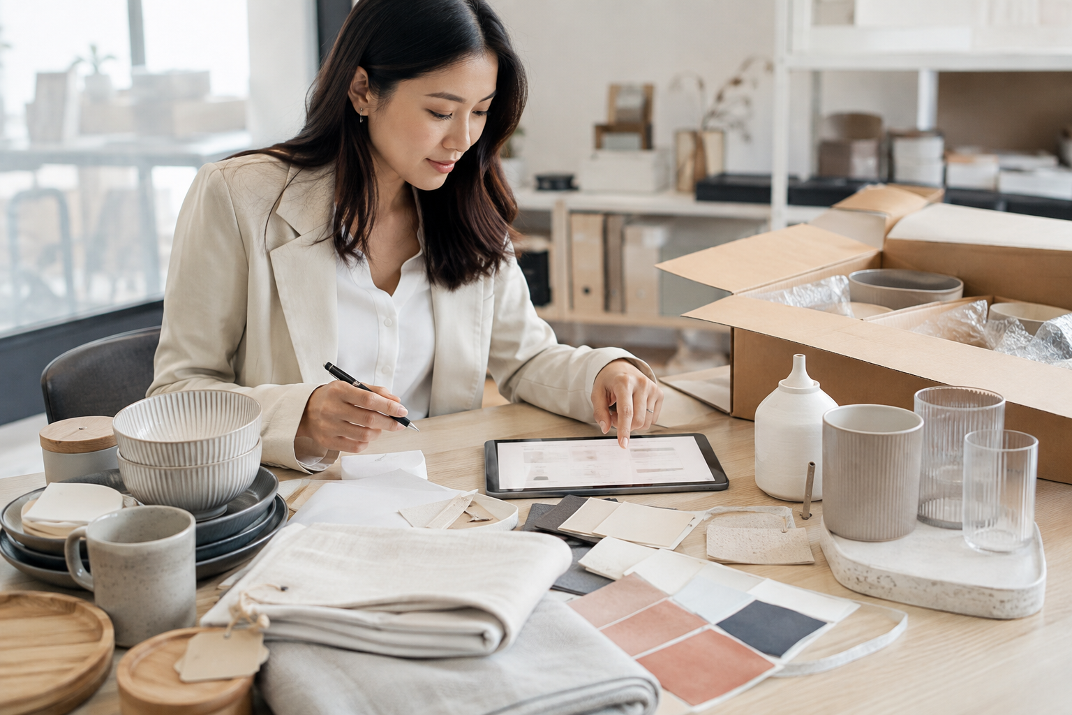 Homeware buyer reviewing a structured sourcing brief and product samples