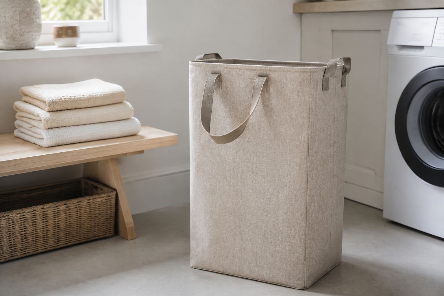 Fabric laundry hamper showing handles and structure