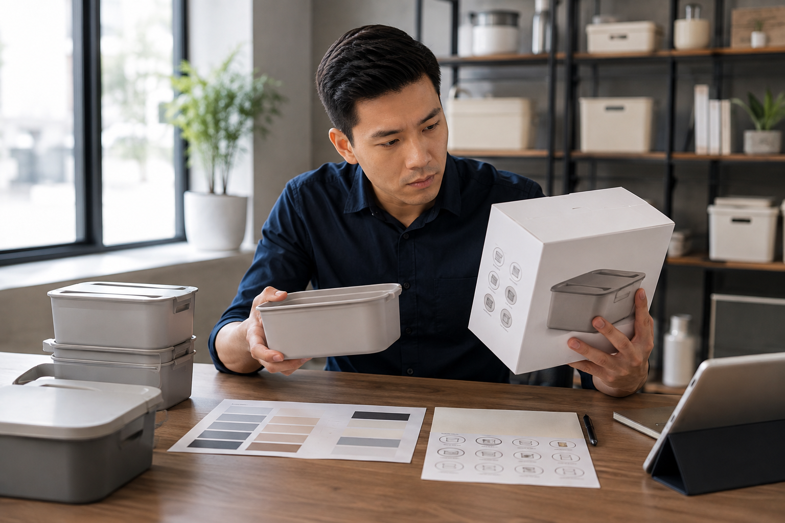 Asian reviewer checking homeware packaging against a product sample
