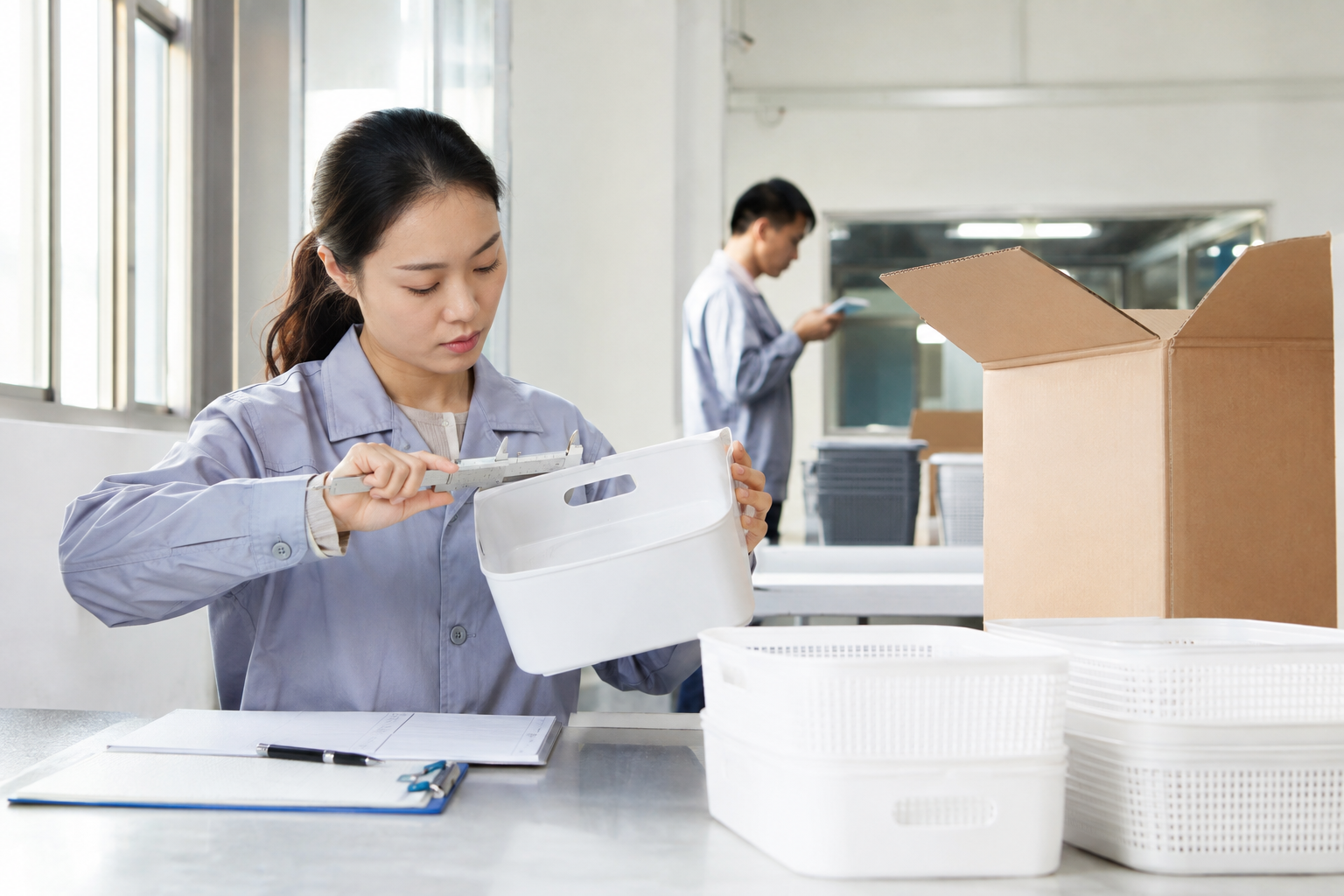 Inspector examining molded homeware surfaces and component fit