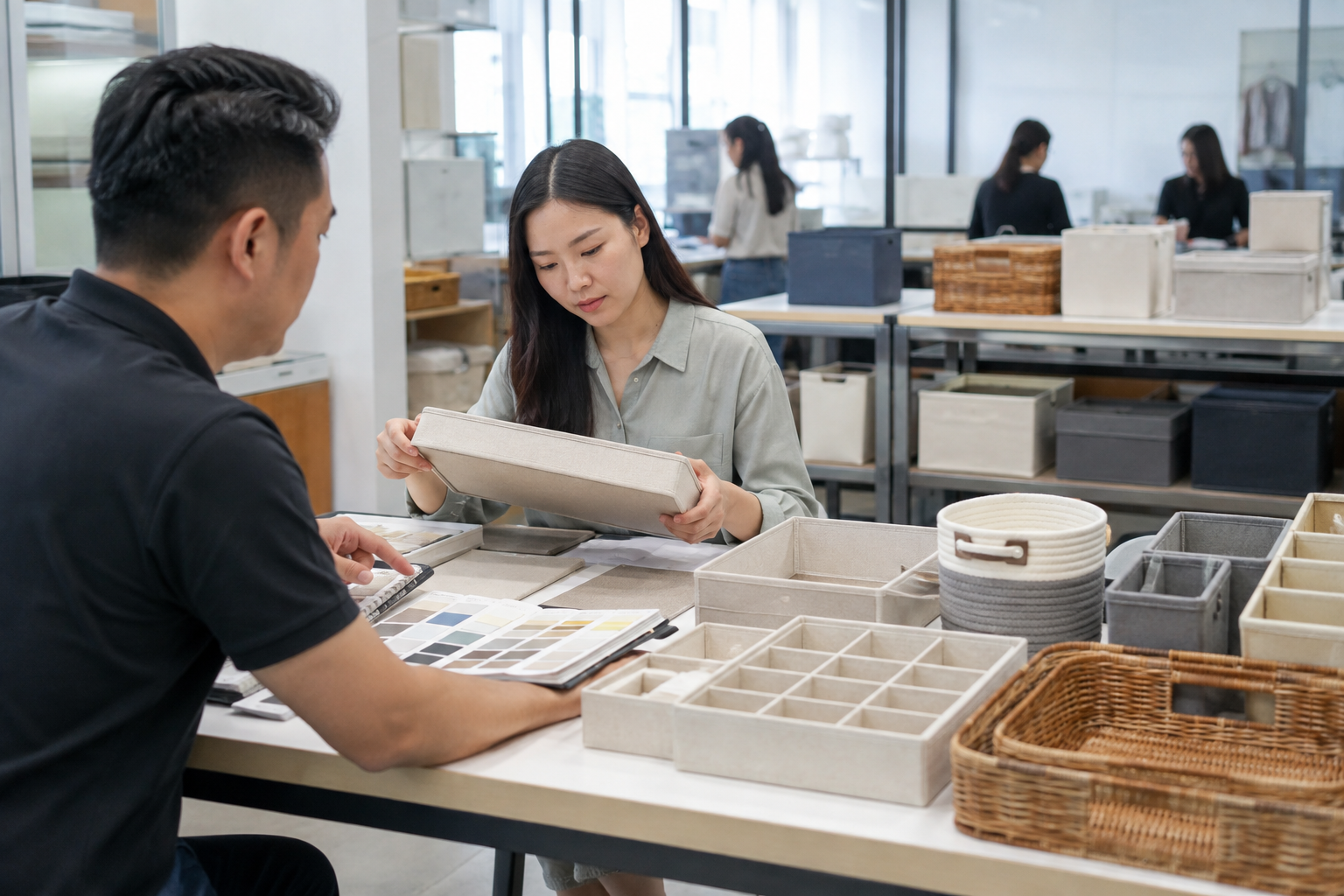 Asian buyer comparing organization product samples