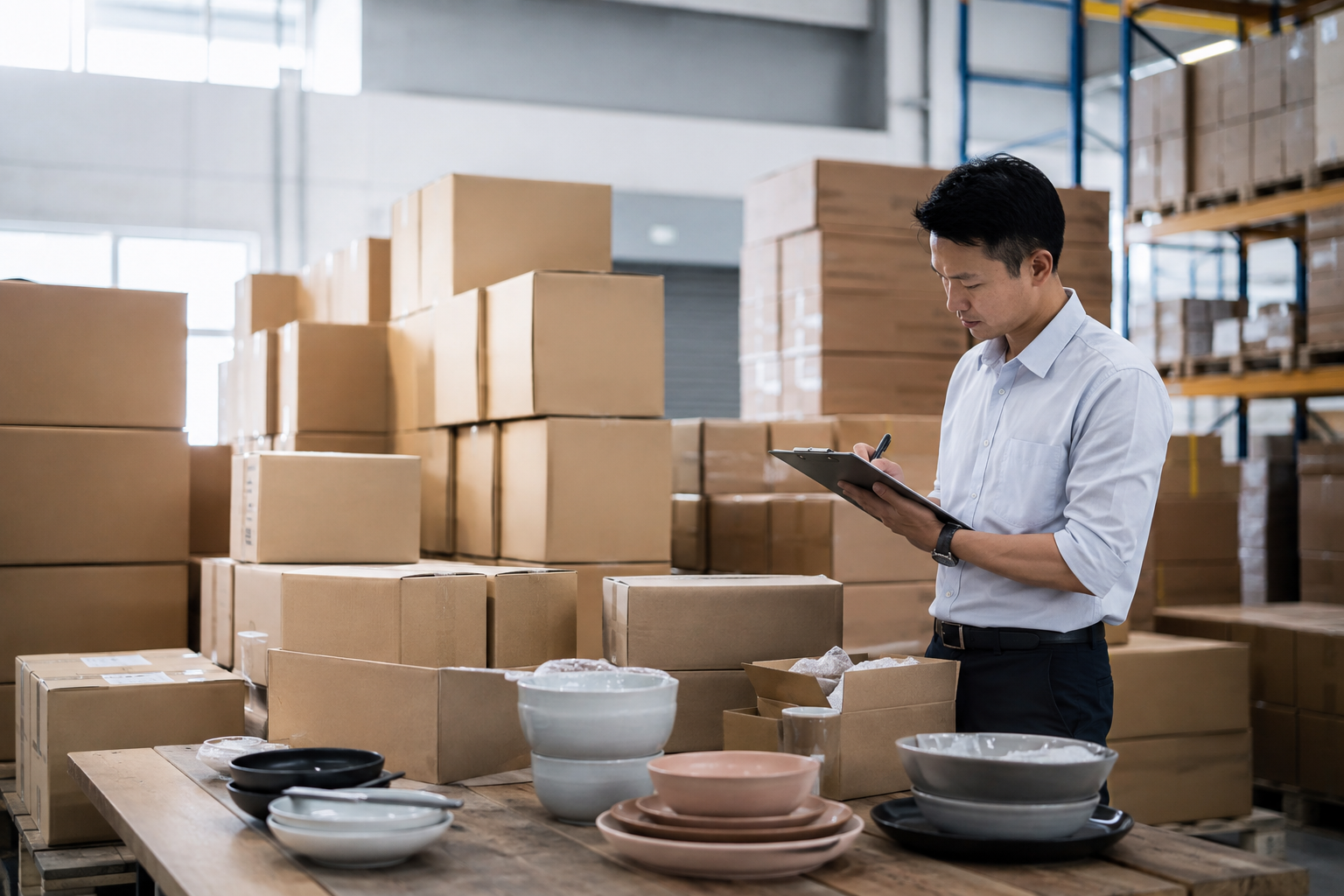 Asian specialist reviewing retail homeware packaging