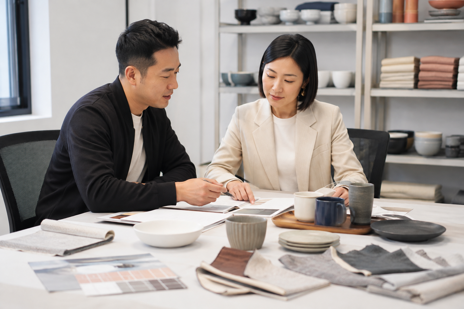 Buyer comparing two homeware product samples before choosing a substitute