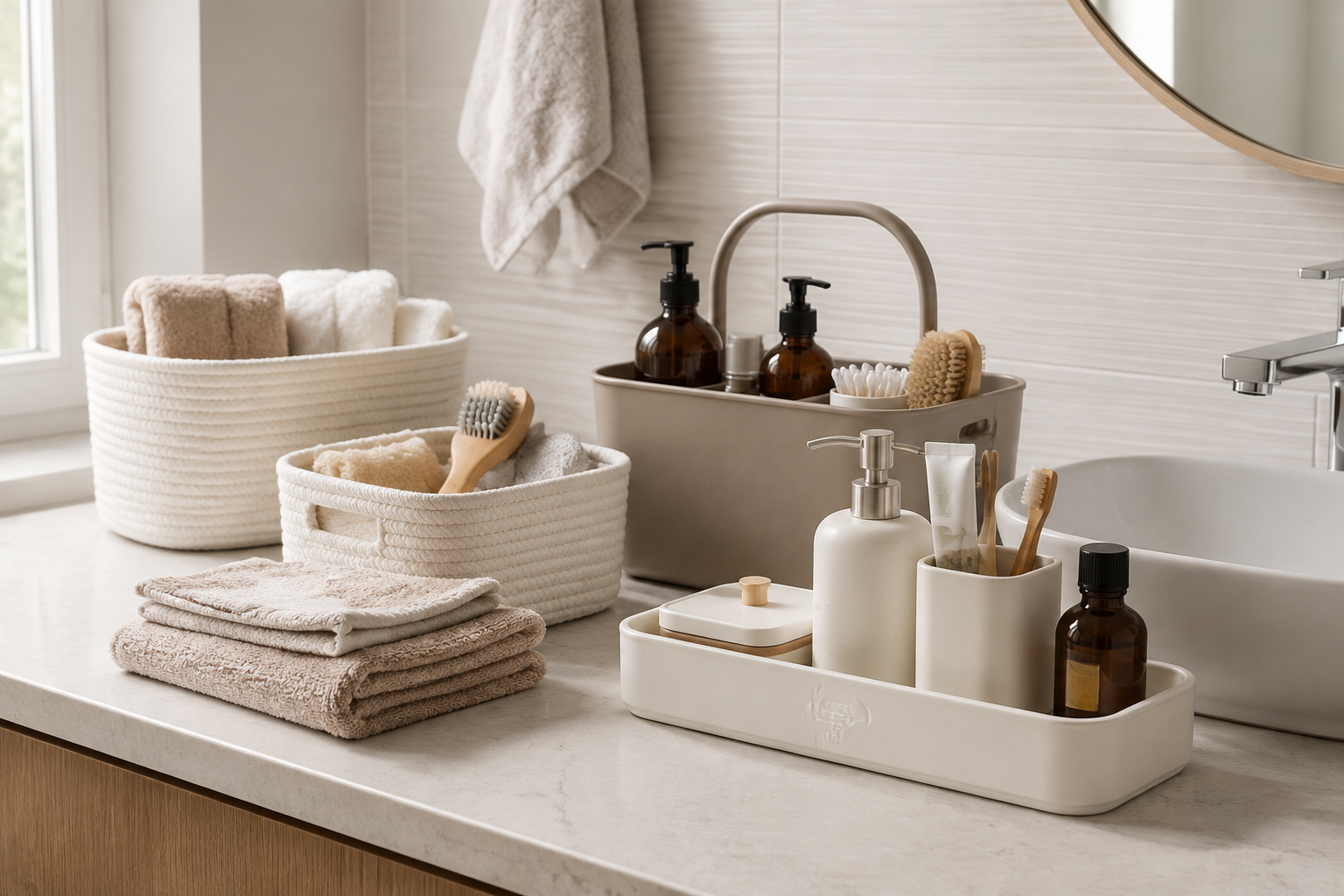 Coordinated bathroom trays, caddies and open baskets in a bright modern bathroom