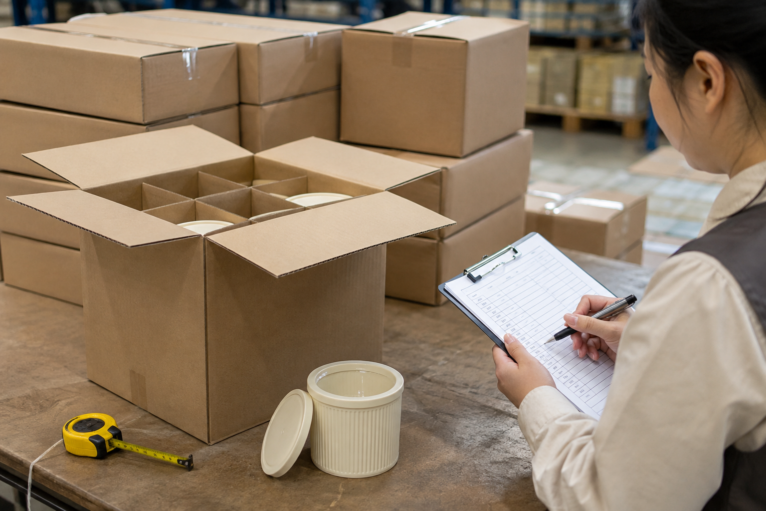 Export cartons, dividers and a packing-list check for homeware