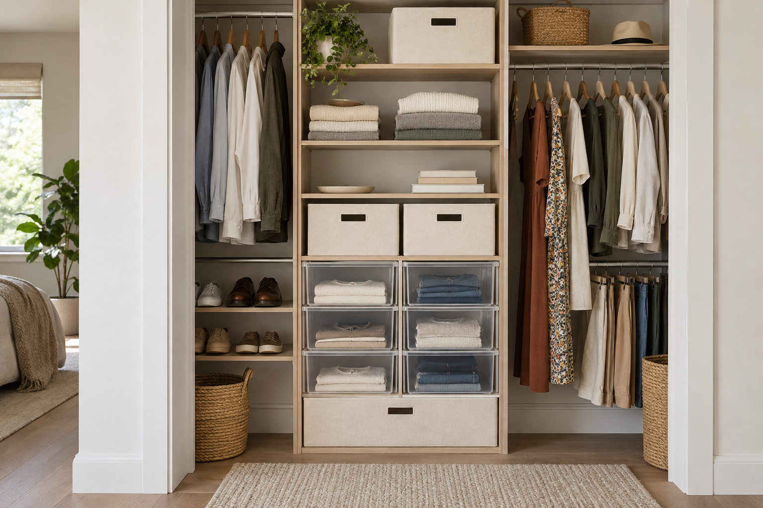 Cream fabric bins and modular organizers arranged in a contemporary wardrobe
