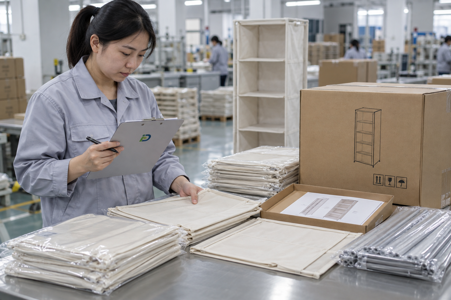 Asian quality-control employee checking flat-packed closet organizers and carton protection