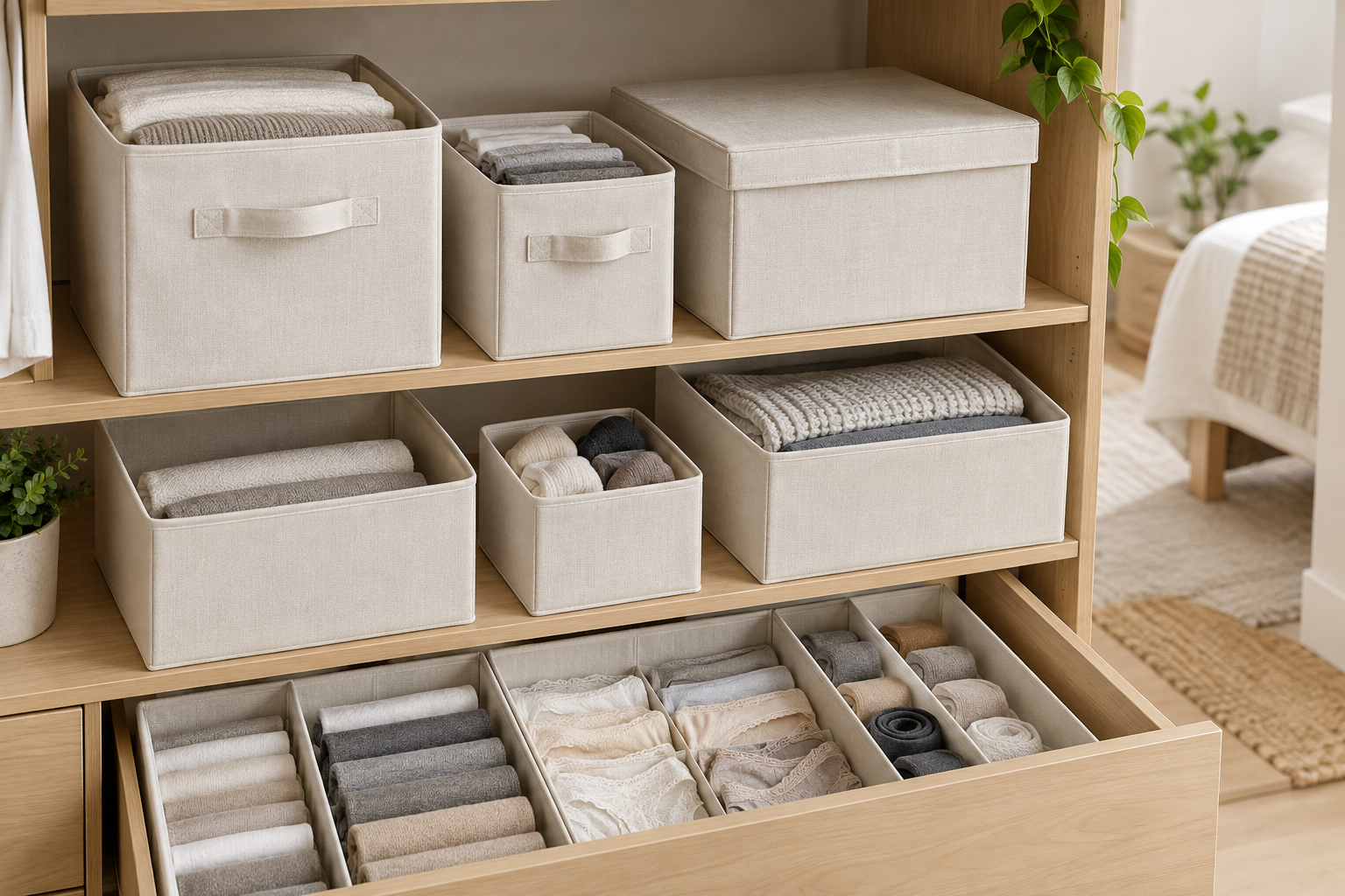 A coordinated wholesale closet organizer range displayed on light wood shelving