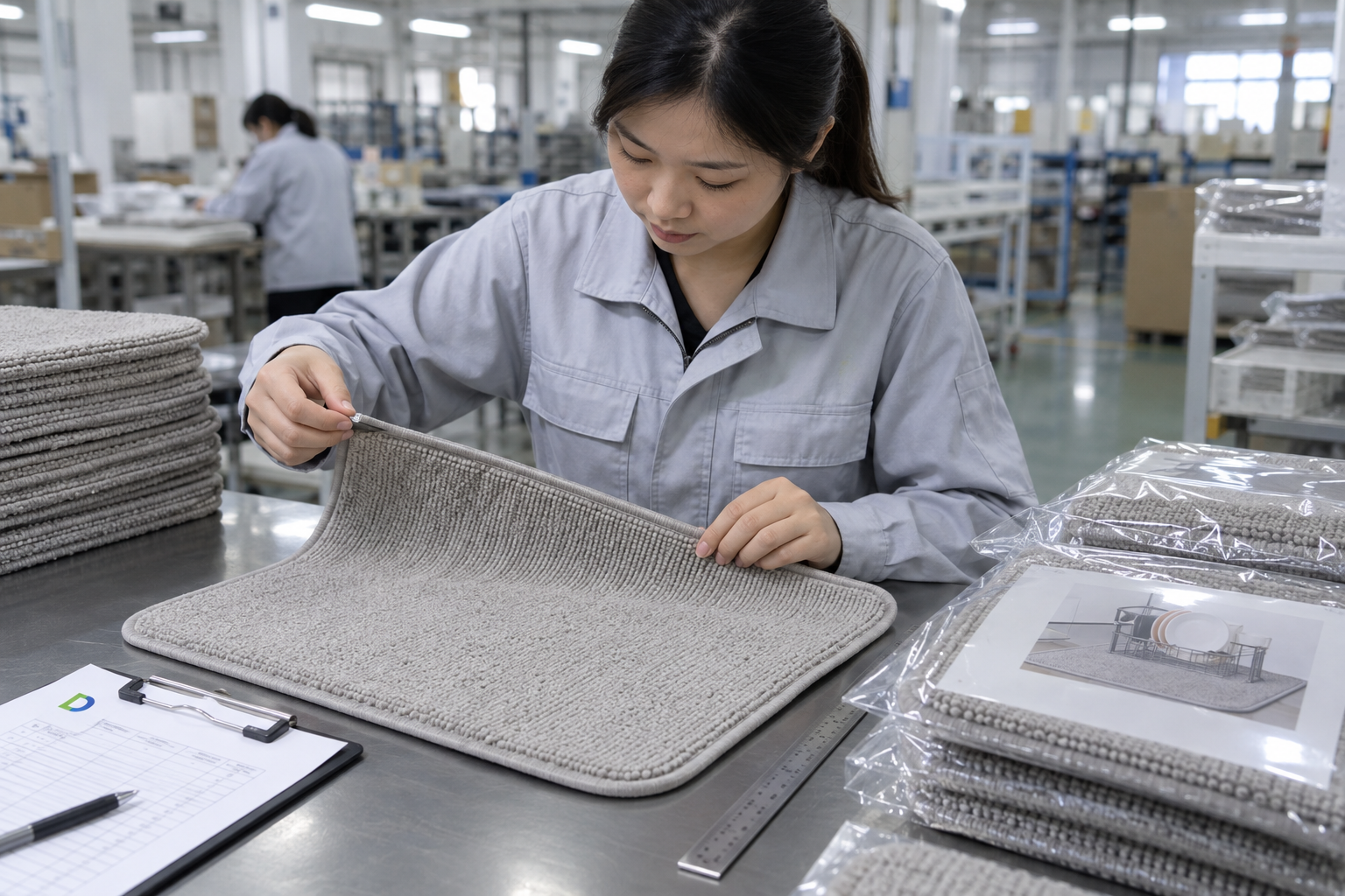 Asian quality-control employee inspecting edge stitching and retail packing on a microfiber dish drying mat