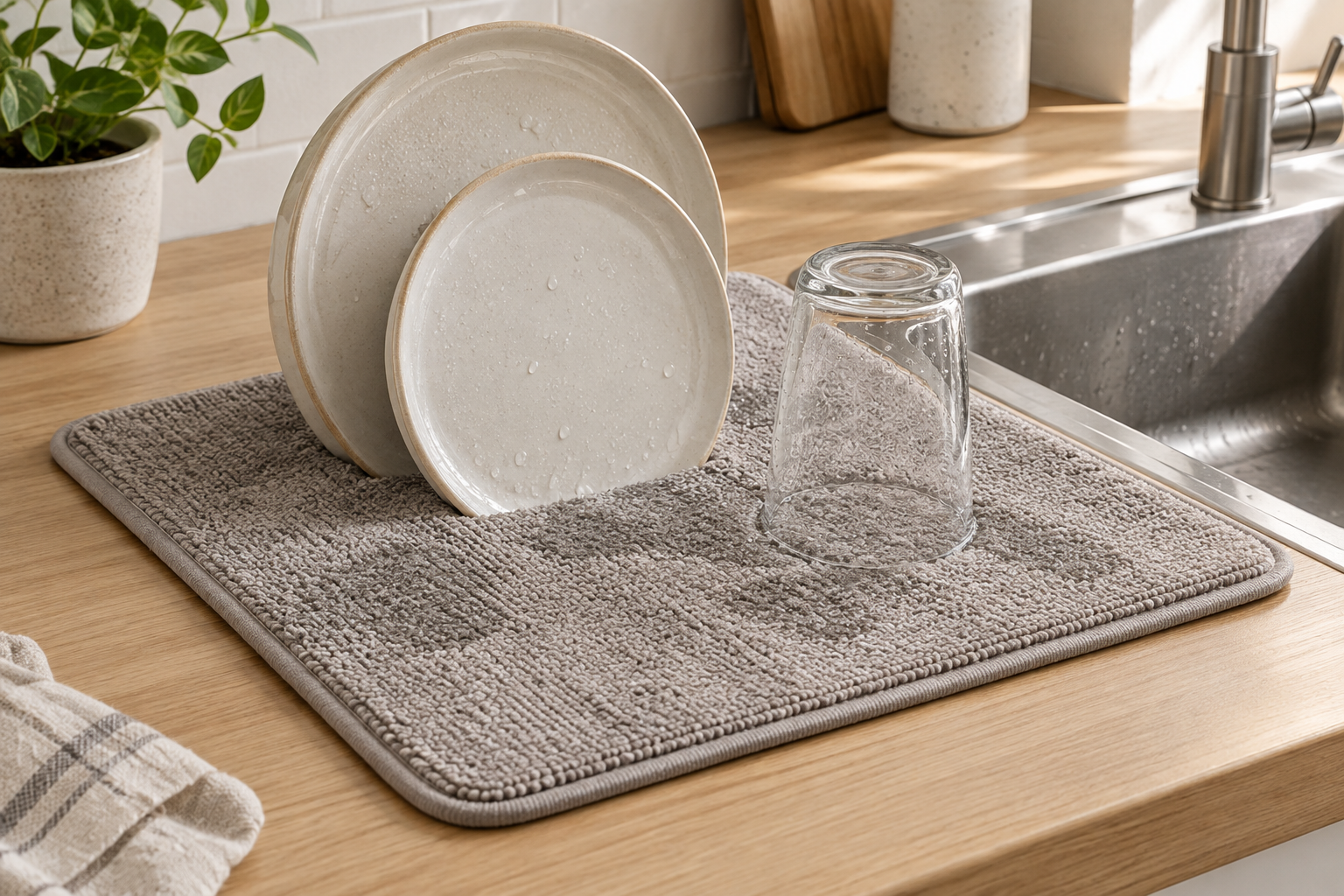 Oatmeal microfiber dish drying mat holding ceramic dishes and a glass beside a kitchen sink