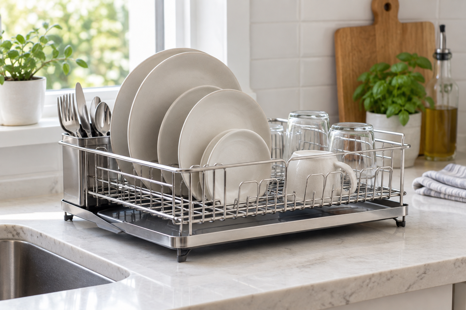 Stainless steel dish drying rack with plates, glassware and removable drip tray in a real kitchen