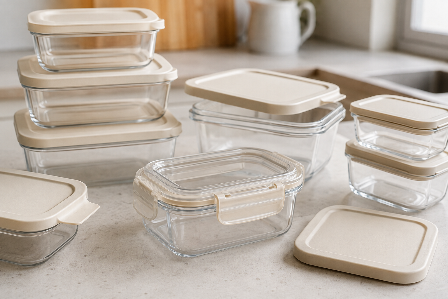 Clear food storage containers showing press-on and clip-lid closures