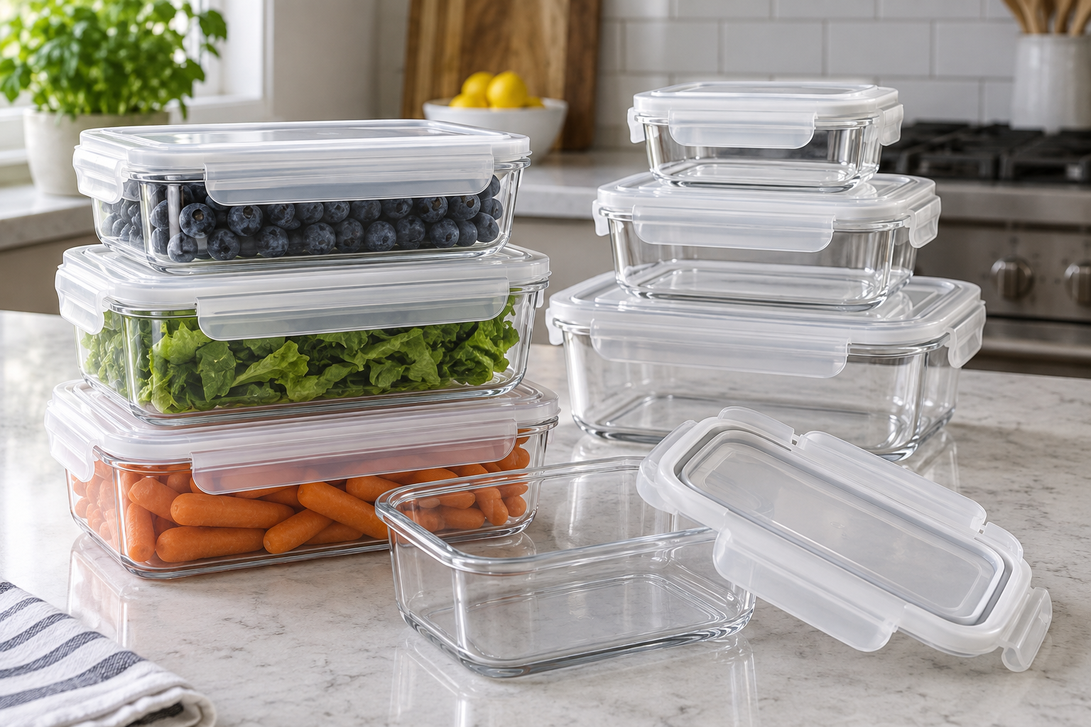 Clear food storage containers with white sealing lids showing nesting and lid-fit details on a kitchen counter