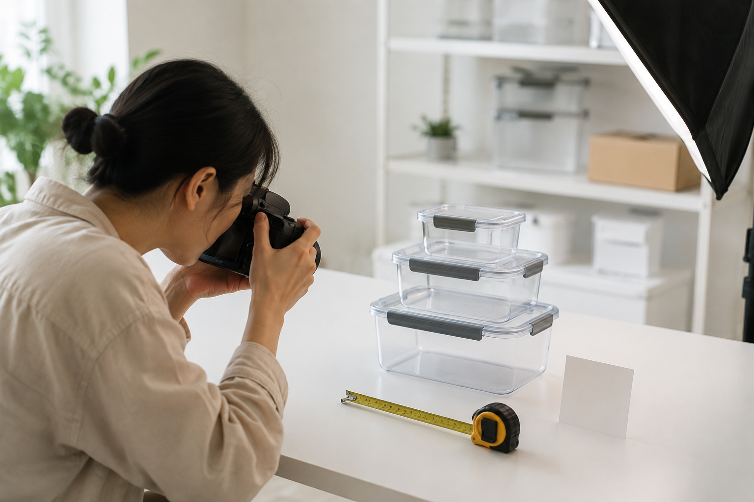 Product manager measuring homeware for retail product data