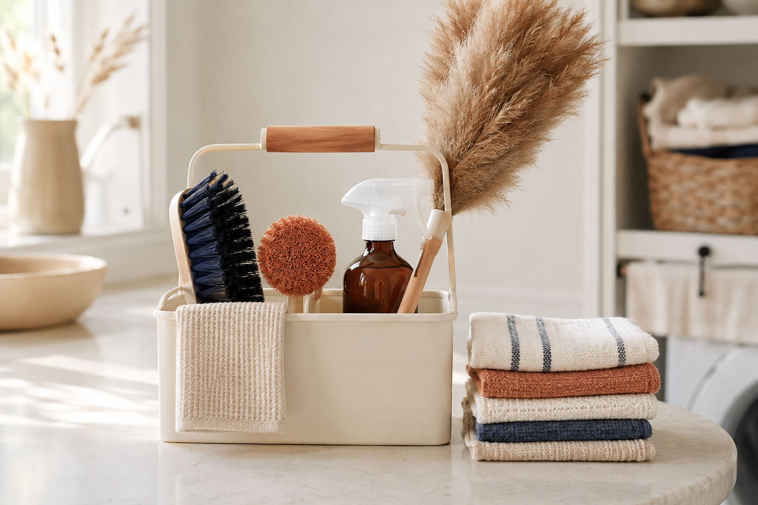 Coordinated cleaning and storage products grouped around a household routine