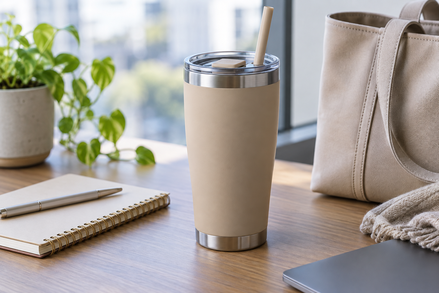 Matte sand insulated tumbler with slide lid and silicone straw on a commuter desk