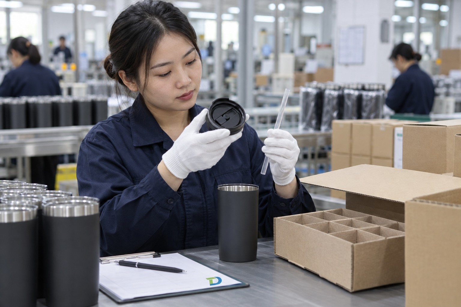 Asian quality-control employee checking an insulated tumbler lid, straw and carton divider