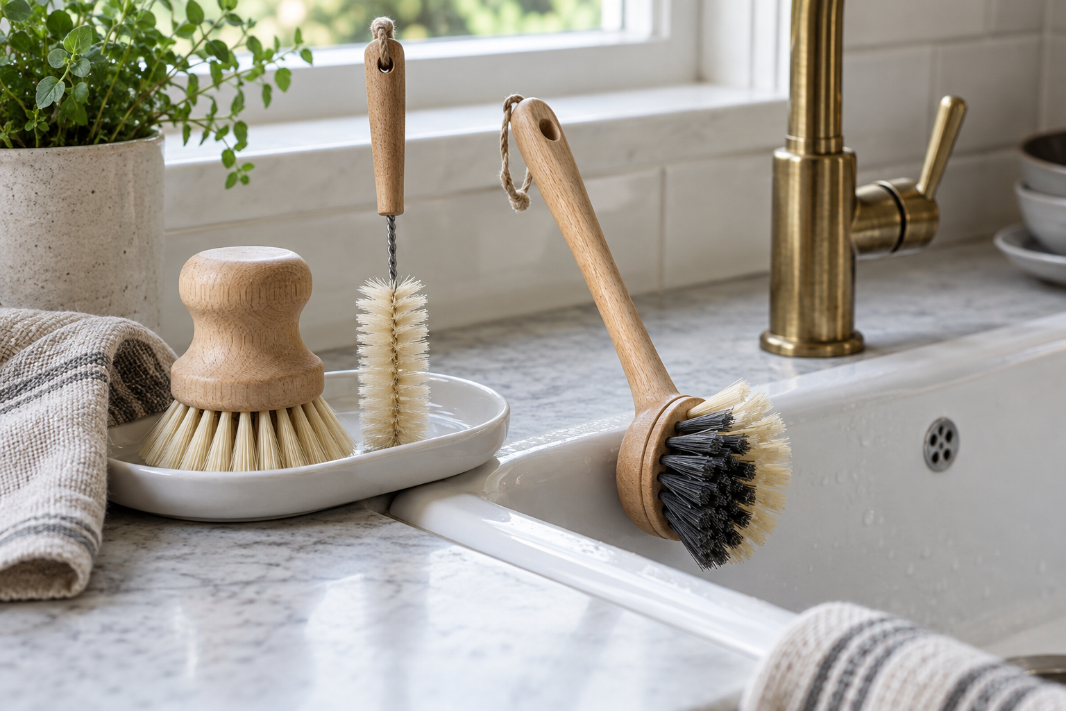 Beechwood kitchen cleaning brush set with cream and charcoal bristles beside a white ceramic sink