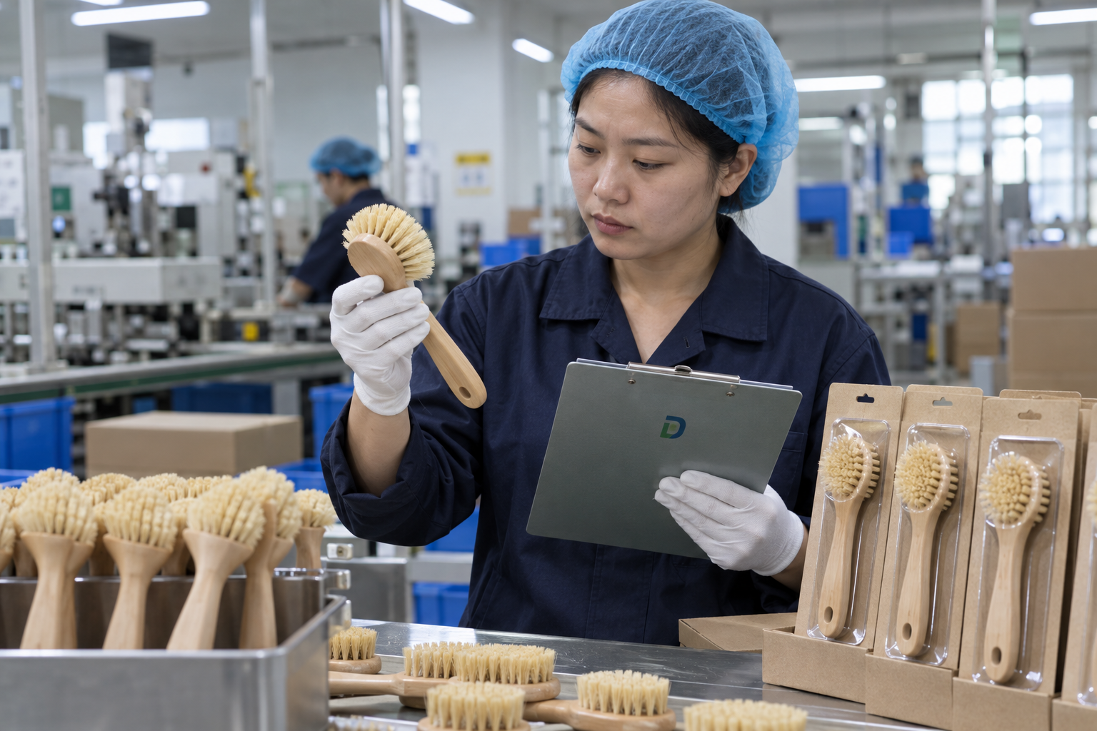 Asian quality-control employee checking bristle anchoring and handle finish on kitchen cleaning brushes