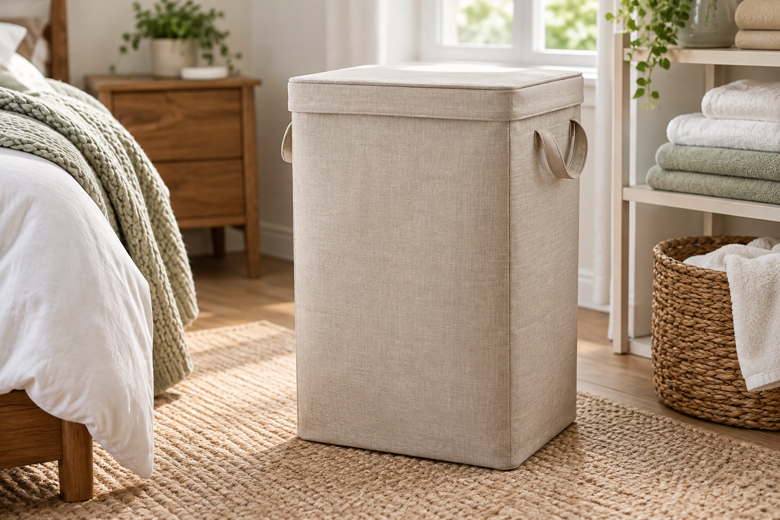 Beige fabric laundry hamper with lid and handles in a bright bedroom laundry corner