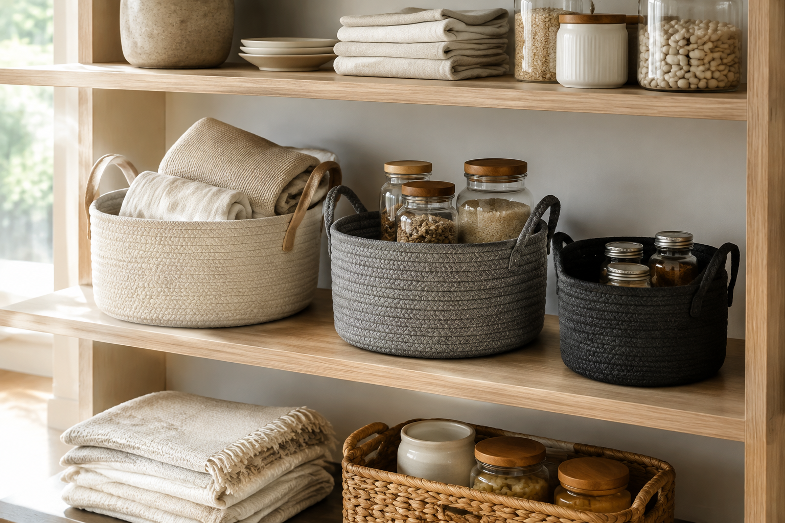 A size ladder of open shelf baskets arranged on pale oak shelving