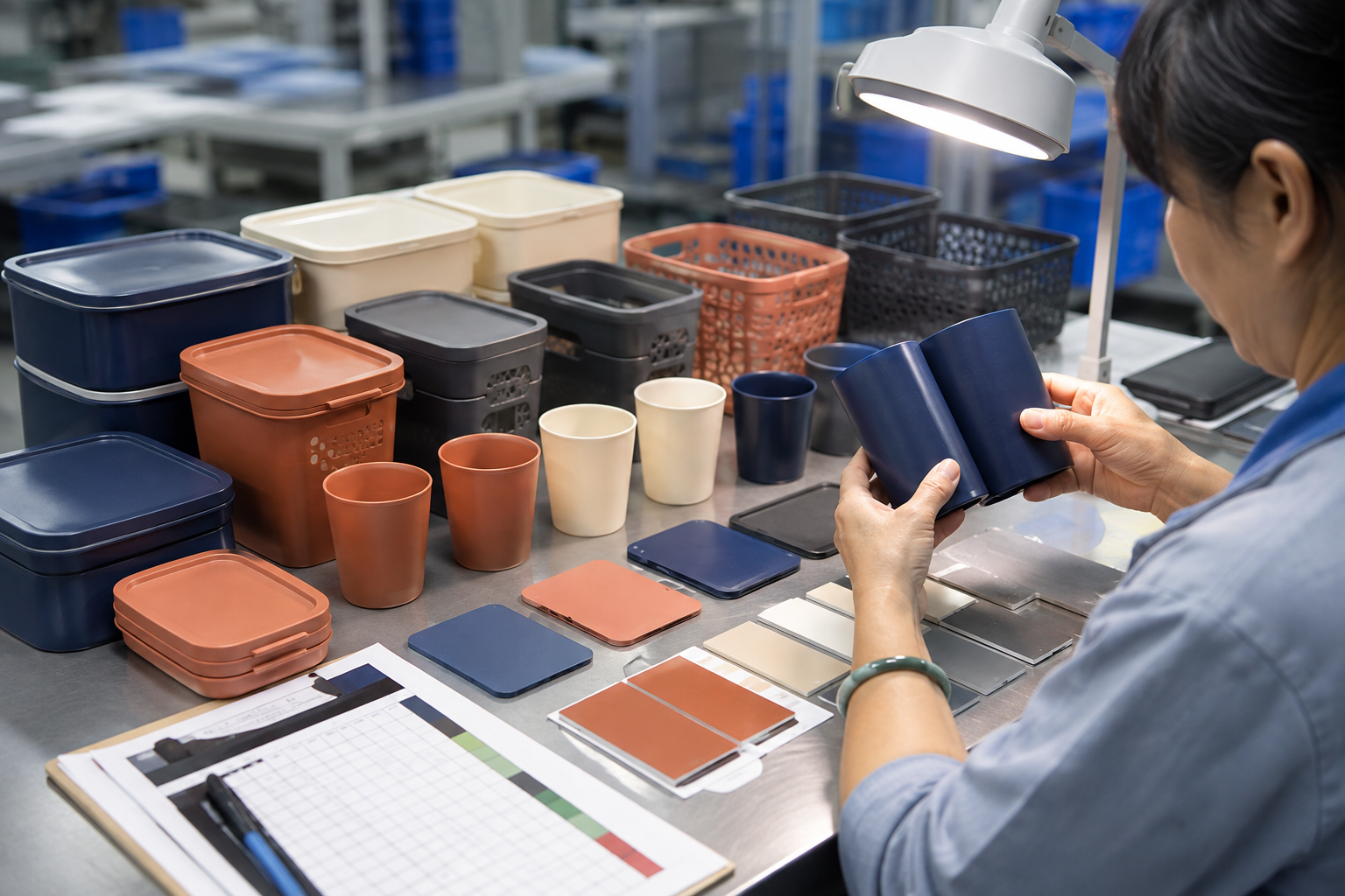 Asian quality specialist comparing plastic homeware colour samples