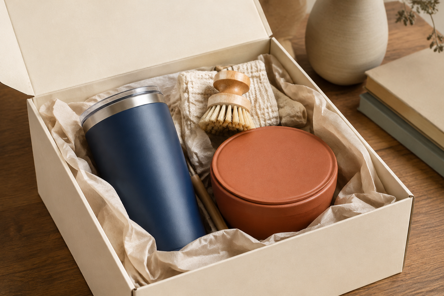 An unbranded homeware gift set in a cream presentation box