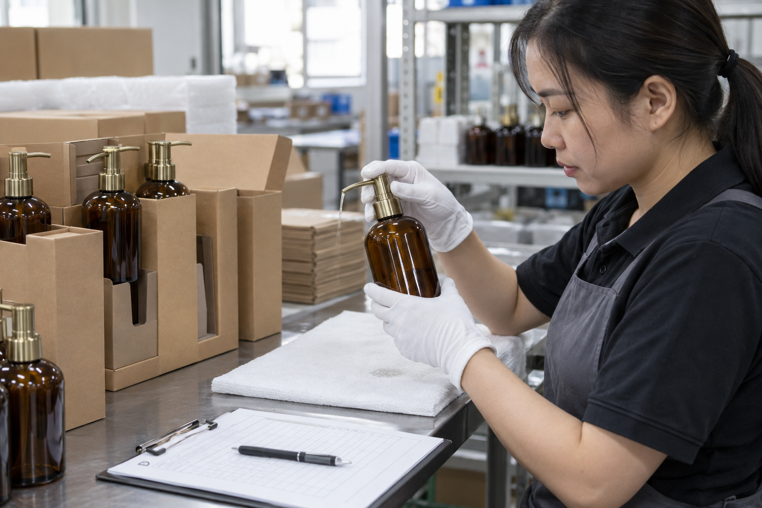 Asian quality-control employee testing pump action on amber refillable soap dispensers