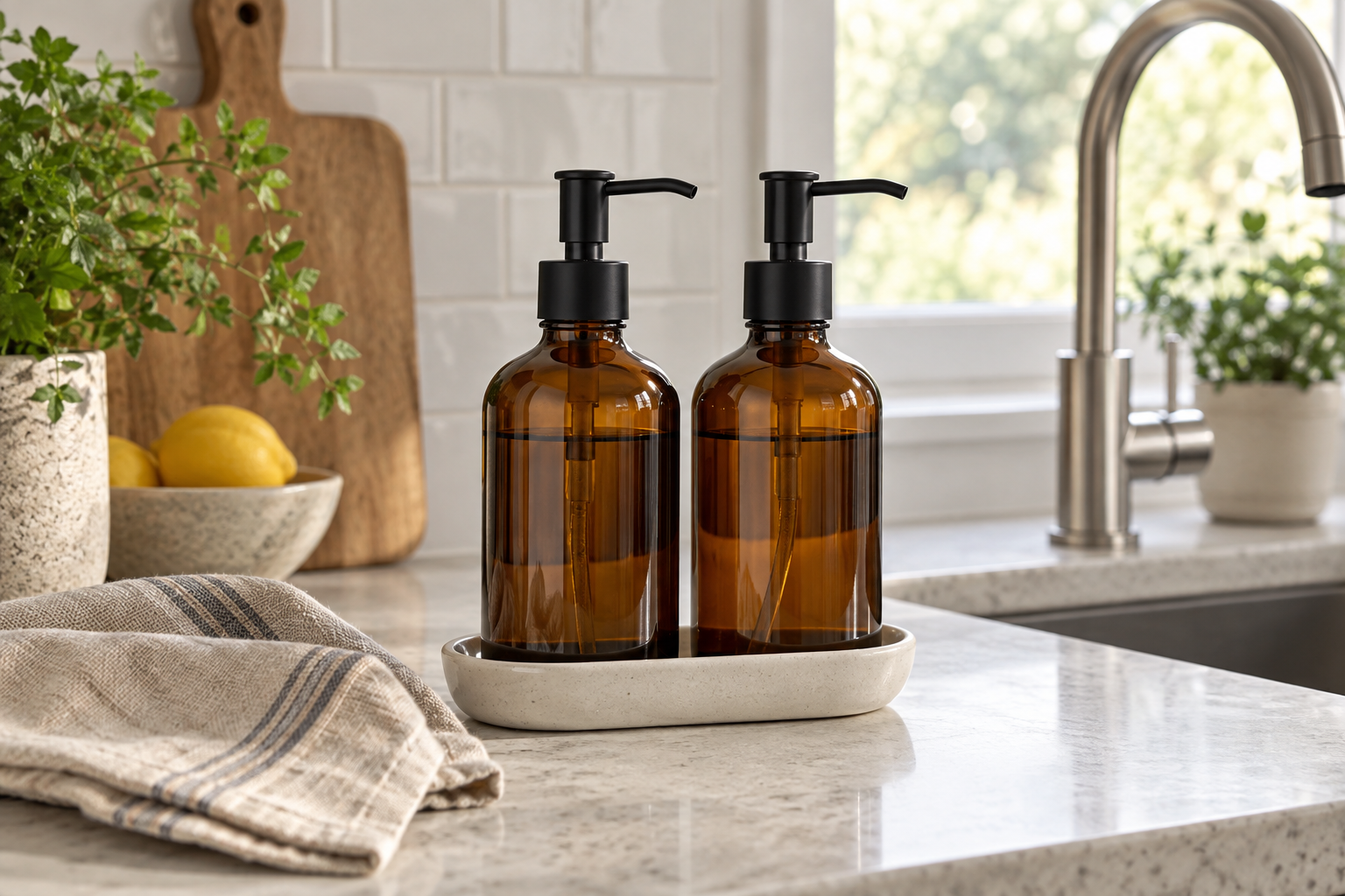 Amber refillable soap dispensers with matte black pumps on a neutral kitchen sink counter