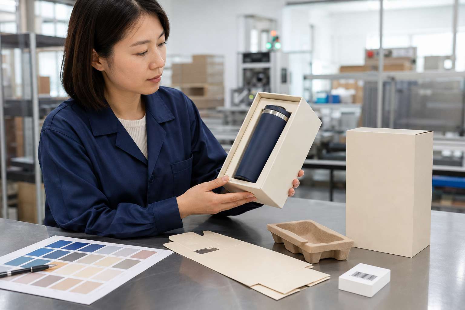 Asian packaging specialist checking a tumbler box, insert and color proof
