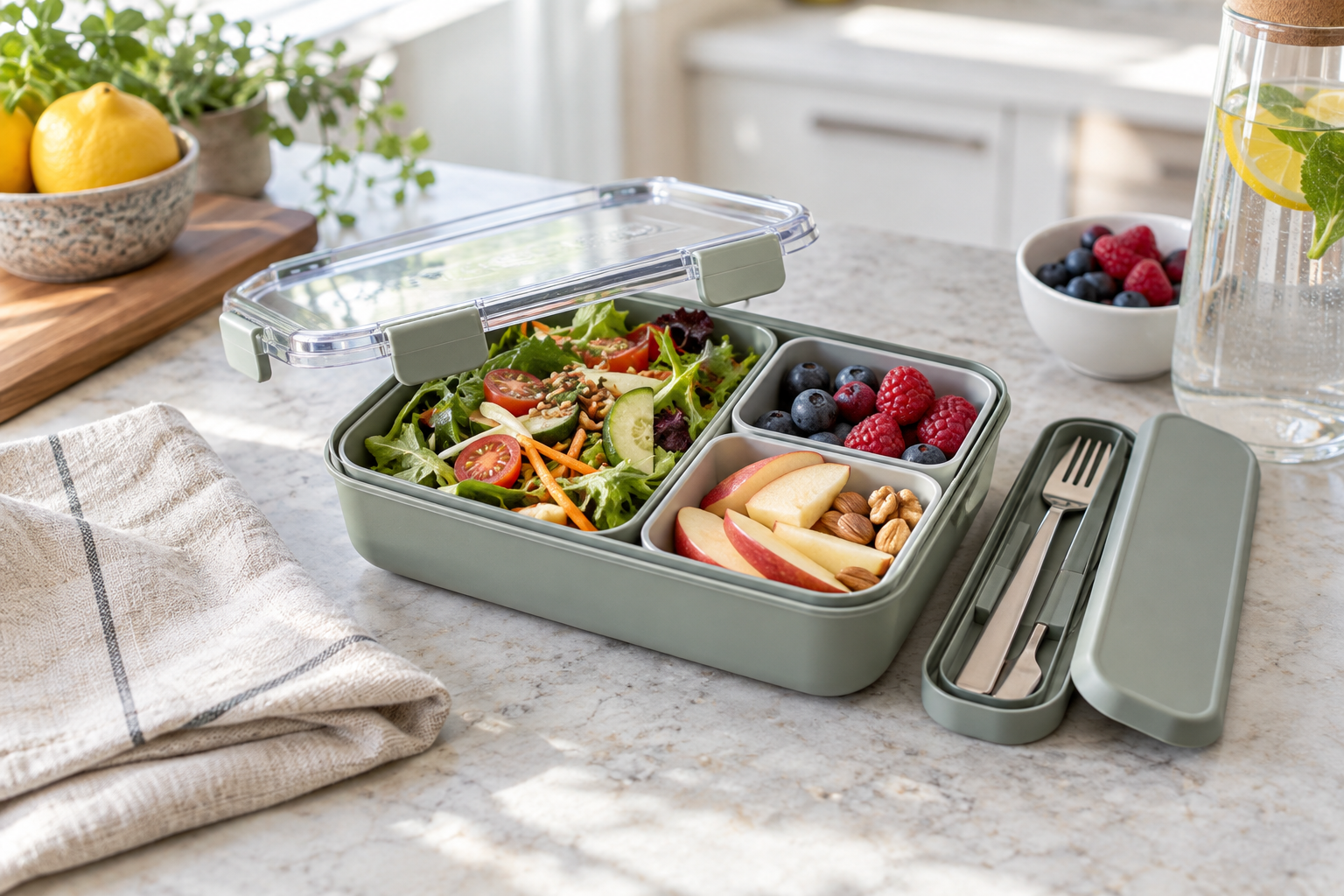 Reusable compartment lunch box with clear lid, food containers and cutlery case in a real kitchen
