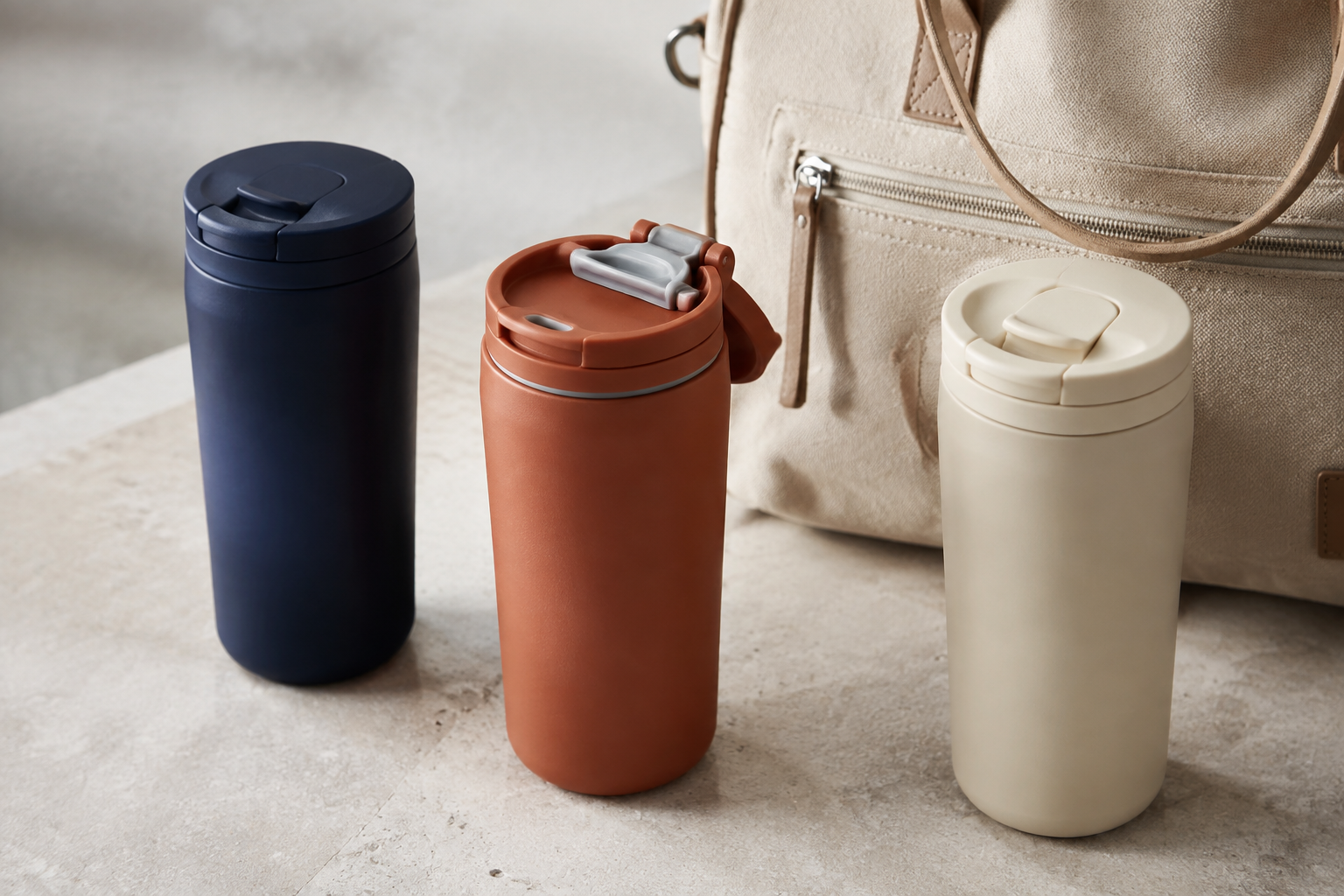 Reusable travel tumblers with lid and seal details