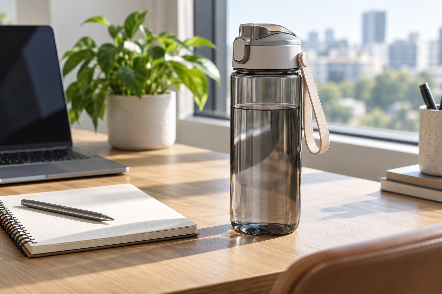 Clear smoke-gray reusable water bottle with a flip lid and beige carry loop on an office desk