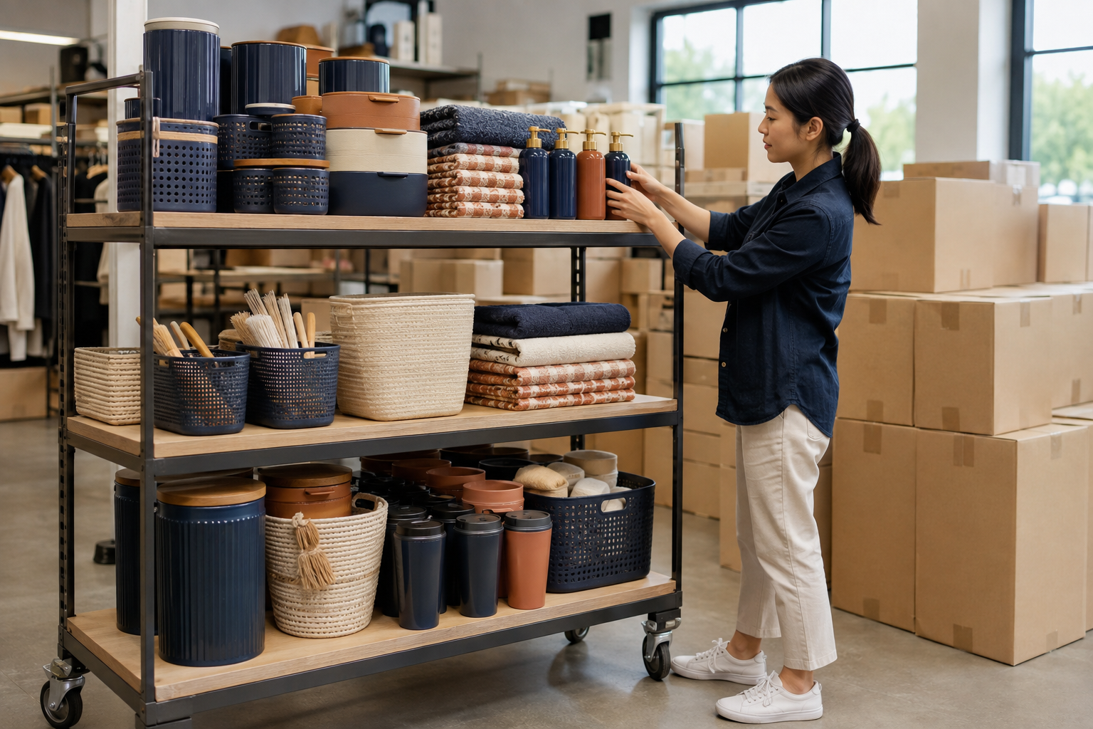Asian coordinator preparing a coordinated homeware retail display beside export cartons