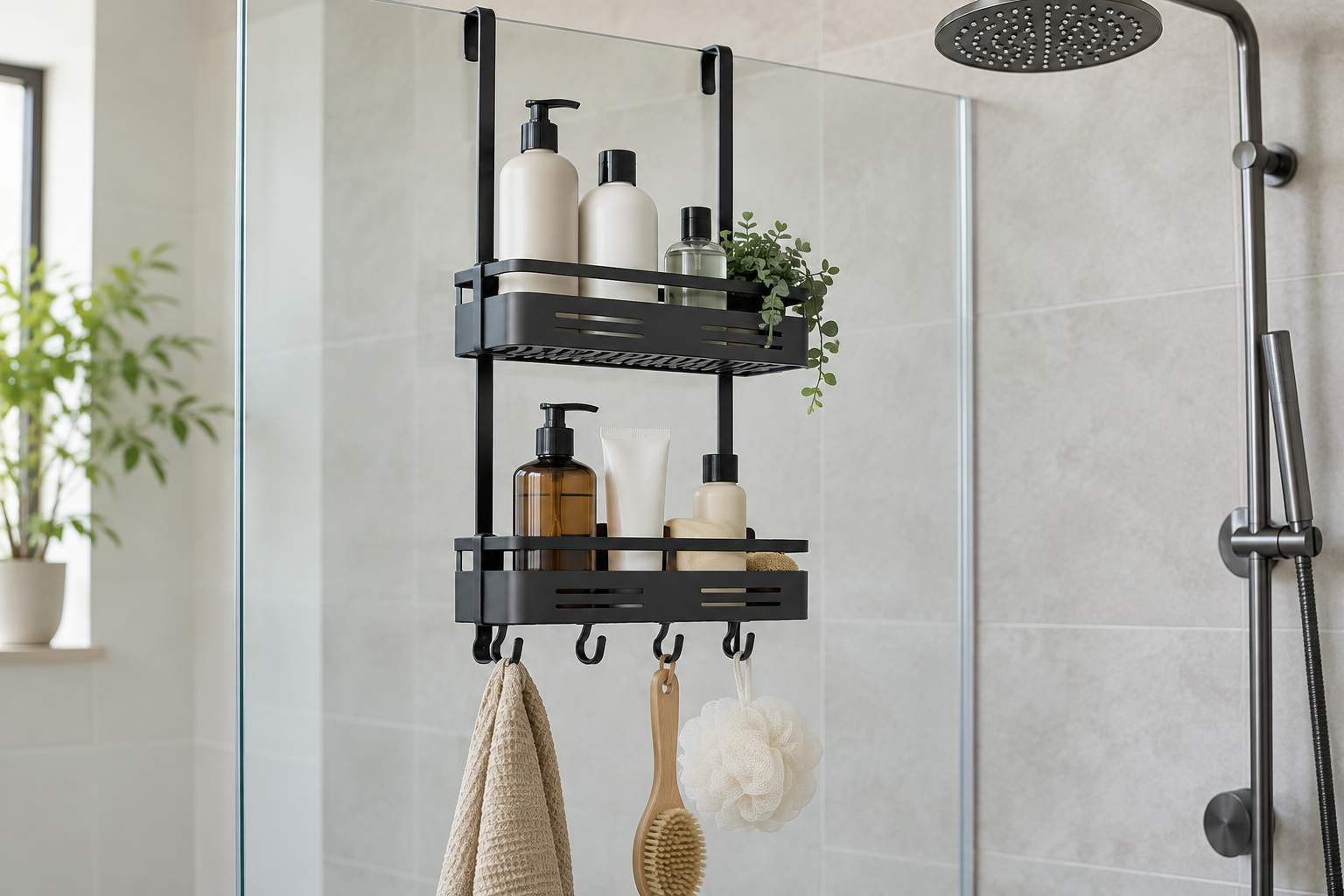 Matte black shower caddy holding neutral bathroom bottles in a real tiled shower