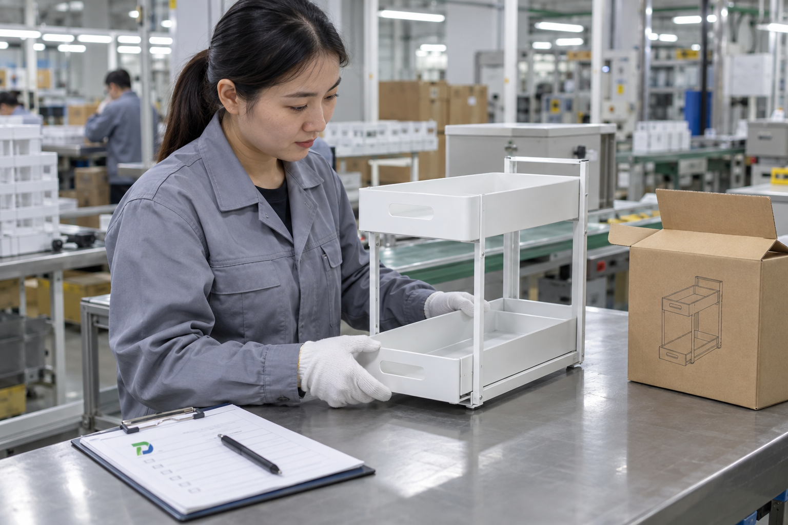 Asian quality-control employee checking the slide action of a white two-tier under sink organizer