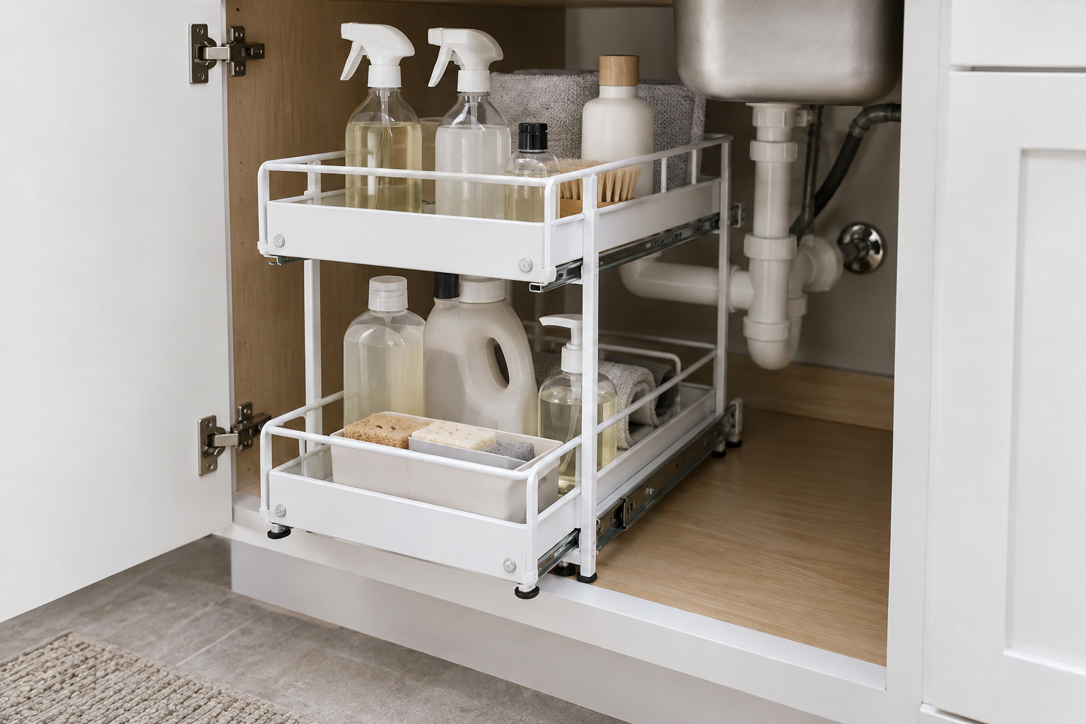 Close detail of a white pull-out under sink organizer with smooth rails, basket welds and protective feet