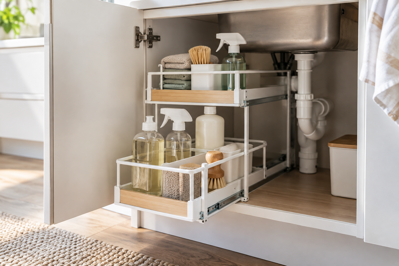 White two-tier pull-out organizer holding cleaning products inside a kitchen sink cabinet
