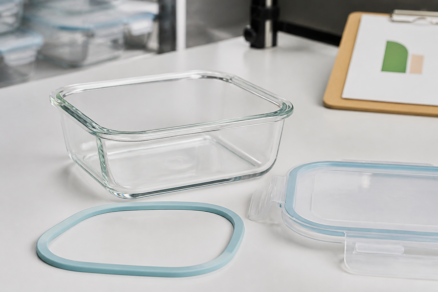Clear food storage containers with lids, seals and nested formats