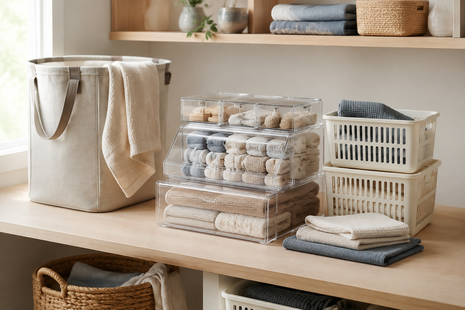 A coordinated home organization range with drawer trays, baskets and a laundry hamper in a bright utility room