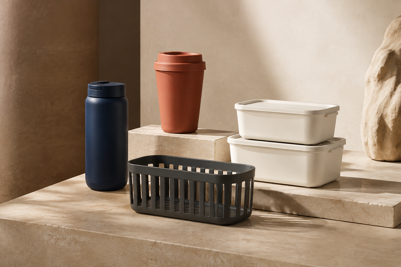 Homeware color story in navy, terracotta, cream and charcoal arranged on a warm editorial set