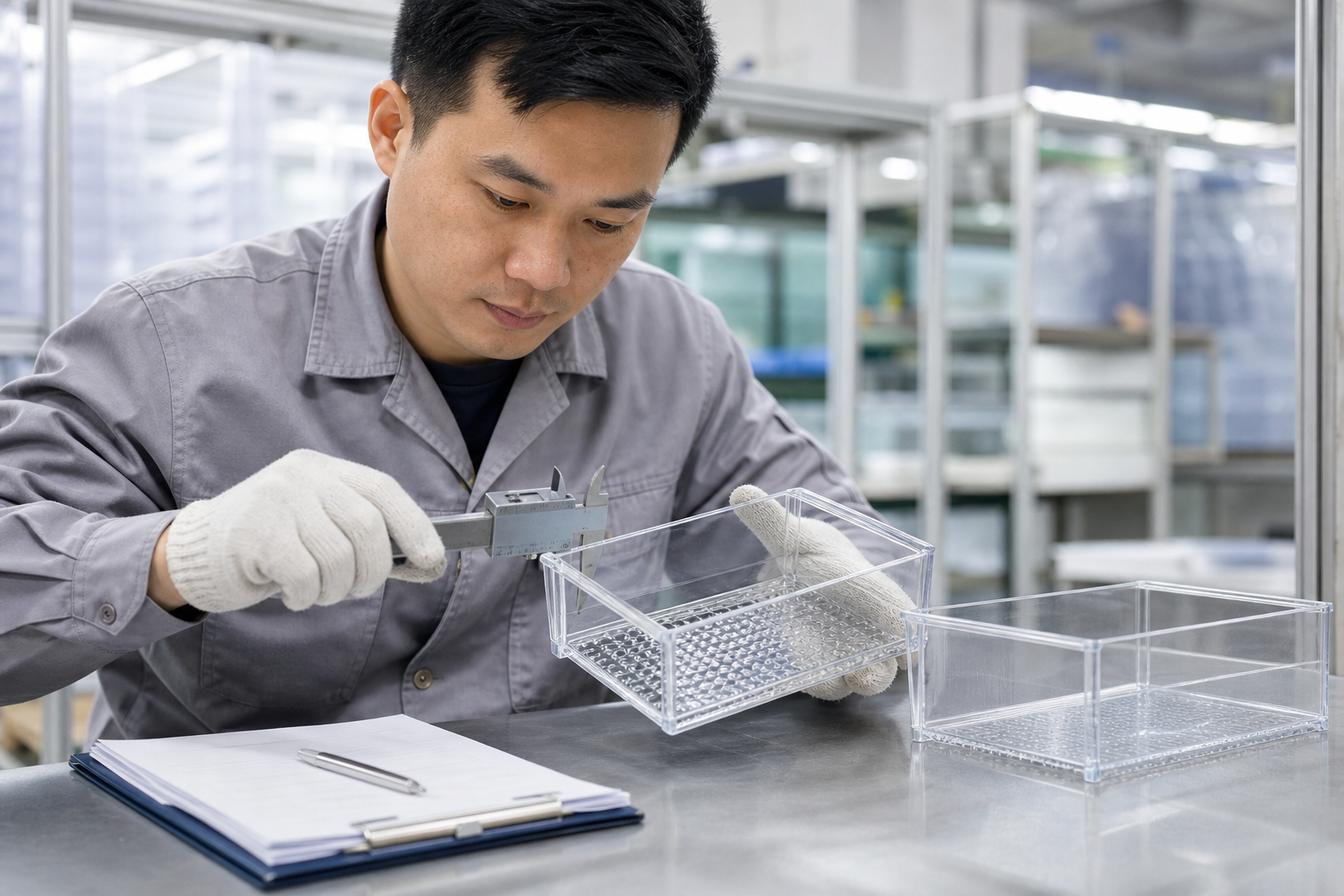 Asian quality-control inspector measuring a clear plastic home organisation tray against an approved sample